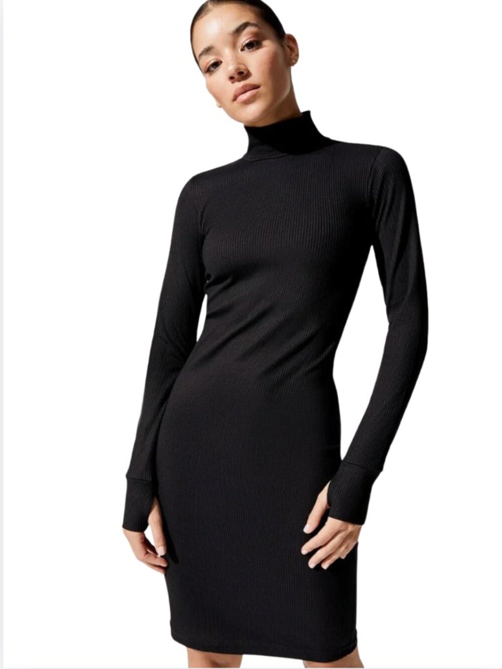Carbon38 Black Ribbed Turtleneck Long Sleeve Dress